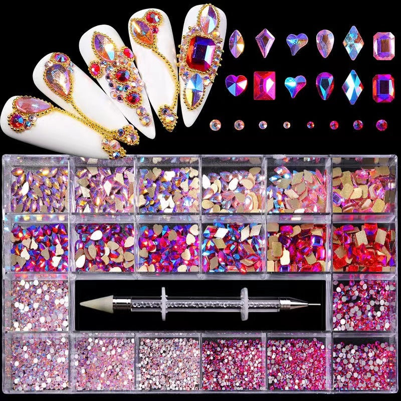 3100pcs, 21 Grids AB Pink Nail Rhinestones Set, Flat back