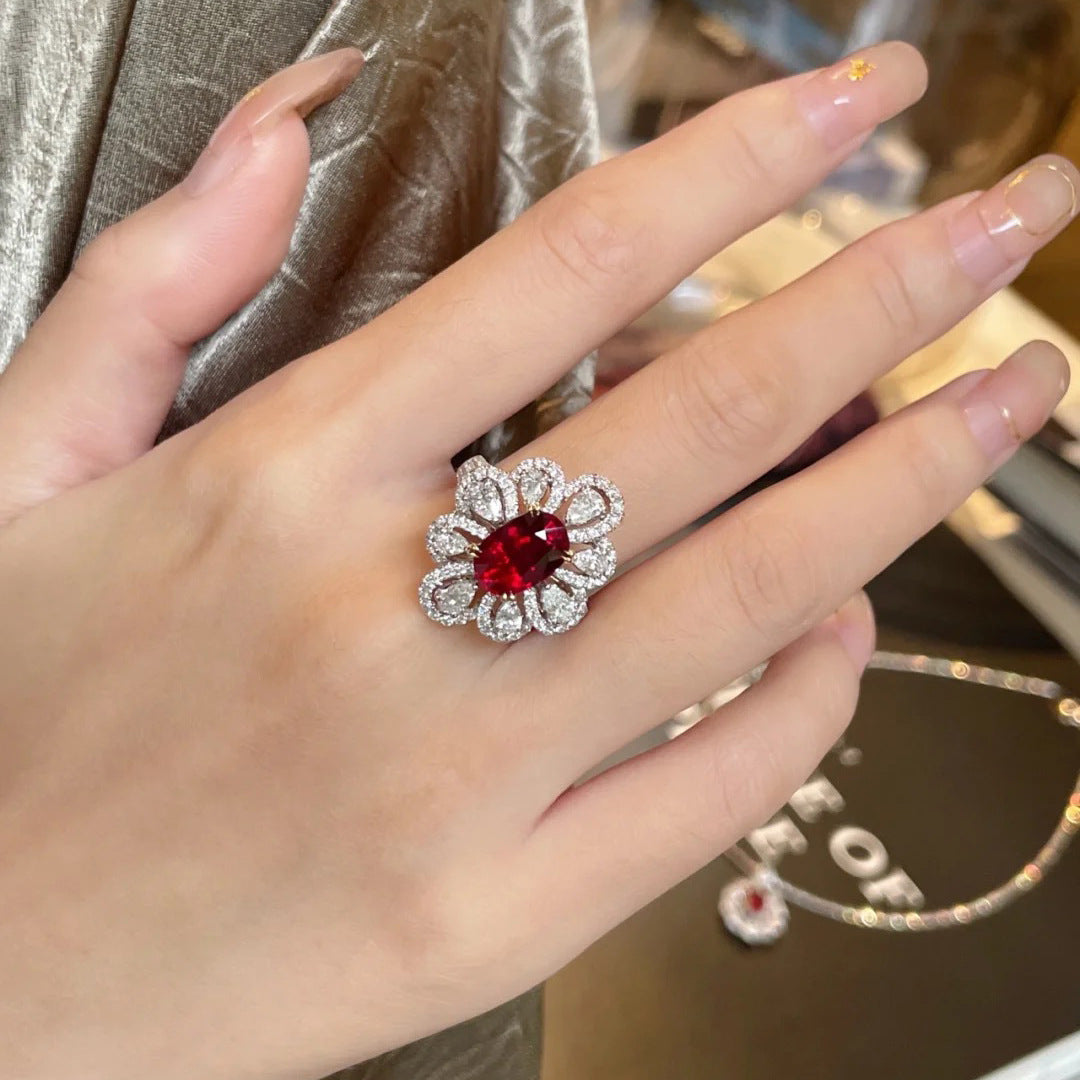 【R12】Vintage Faux Ruby Petals Diamond Ring--size adjustable