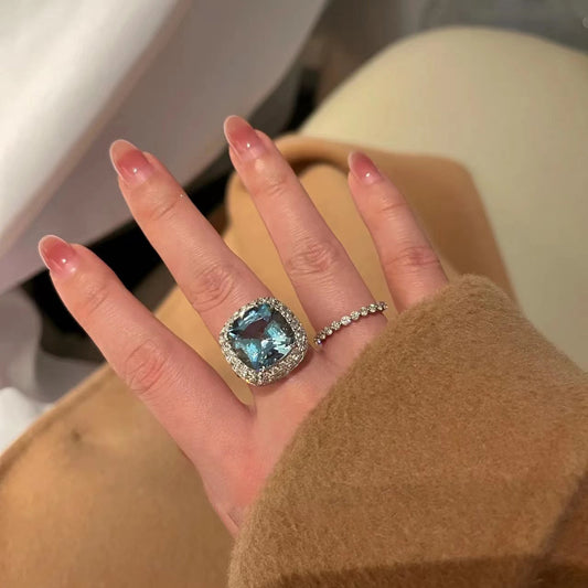【R13】Faux Sapphire Diamond Ring--size adjustable