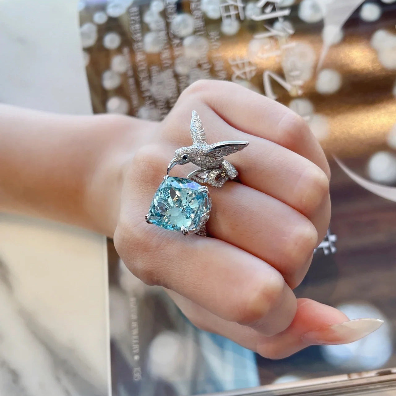 【R19】Faux Seagull Blue Diamond Ring - Size Adjustable