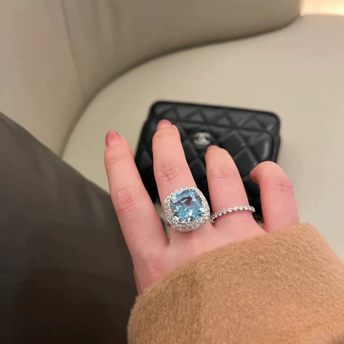 【R13】Faux Sapphire Diamond Ring--size adjustable
