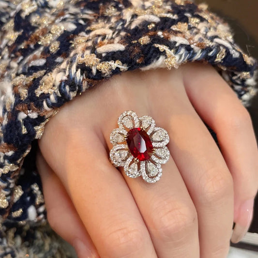 【R12】Vintage Faux Ruby Petals Diamond Ring--size adjustable
