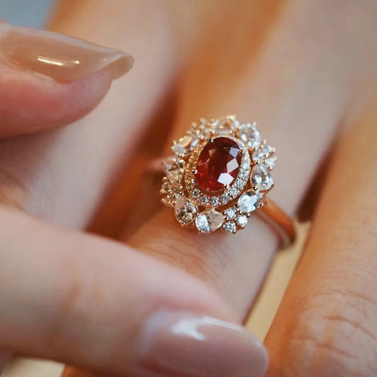【R14】Vintage Faux Ruby & Diamond Ring--size adjustable